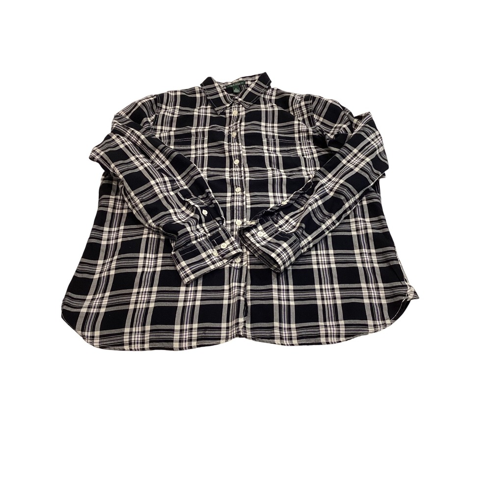 Vintage LRL Lauren Co Black/White Purple Plaid Cotton Button Down Shirt XL